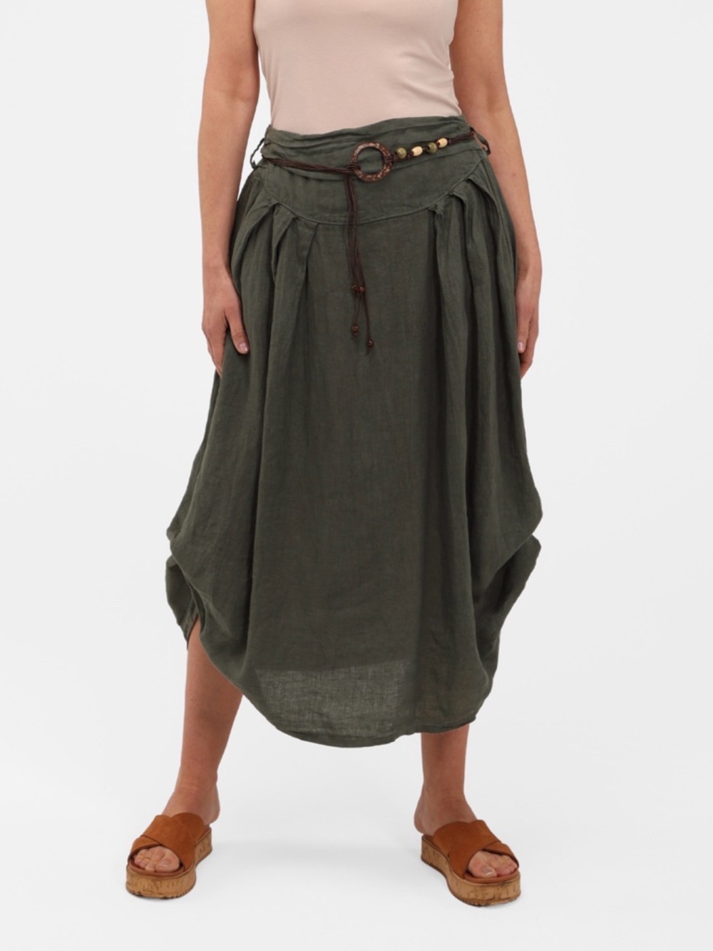 Olive Draped Midi Skirt with Decorative Waist Tie